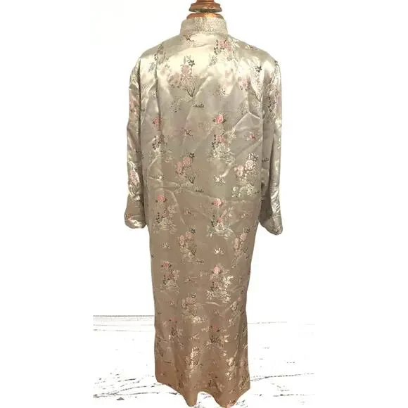 Vtg Gold Asian Satin Brocade Long Cheongsam Robe Jacket Embroidered Floral Sz XL - Picture 12 of 13